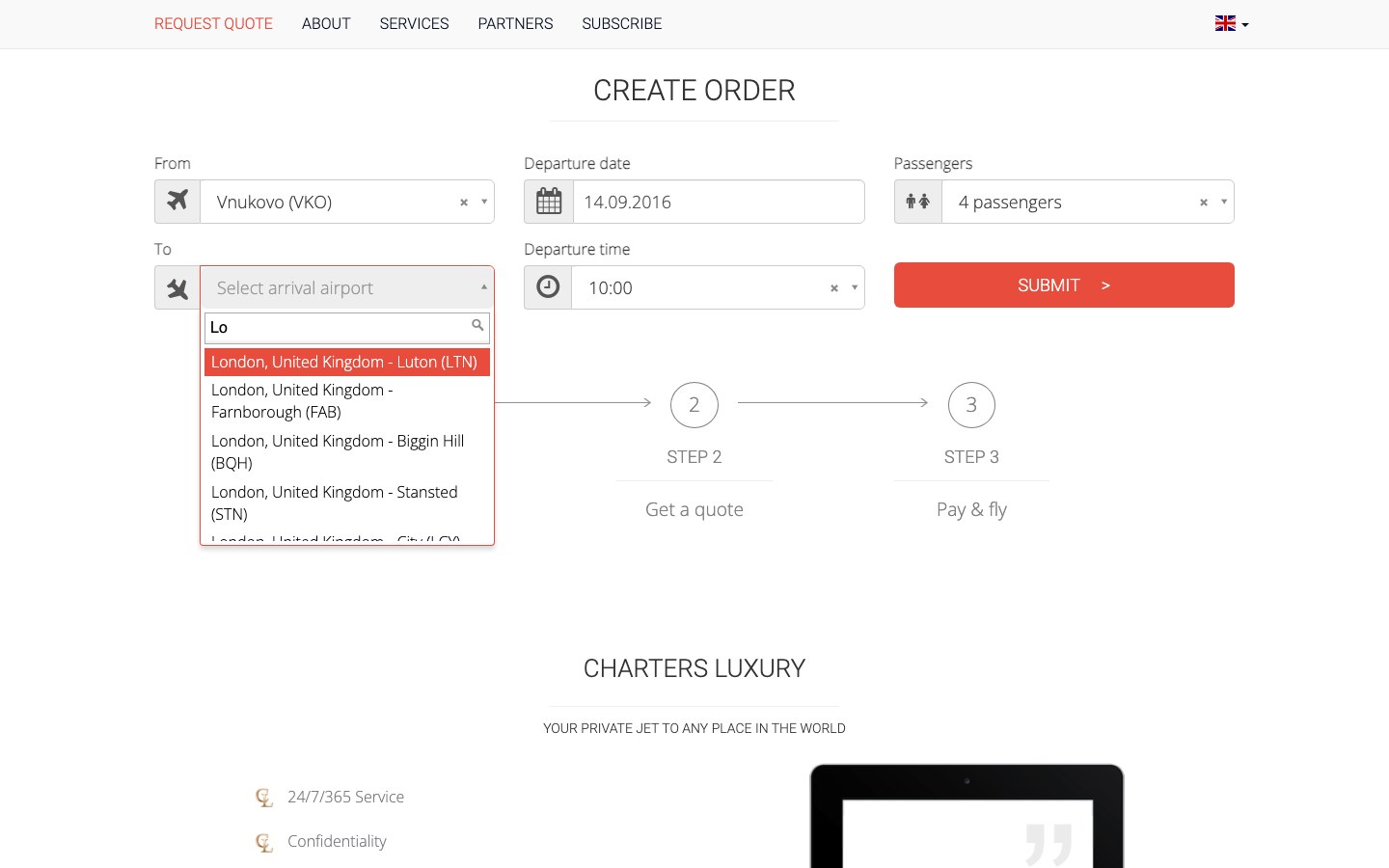 «Create order» на chartersluxury.com: вылет из Внуково, дата, время, четыре пассажира, подсказка аэропортов Лондона, шаги «Request a jet — Get a quote — Pay & fly»