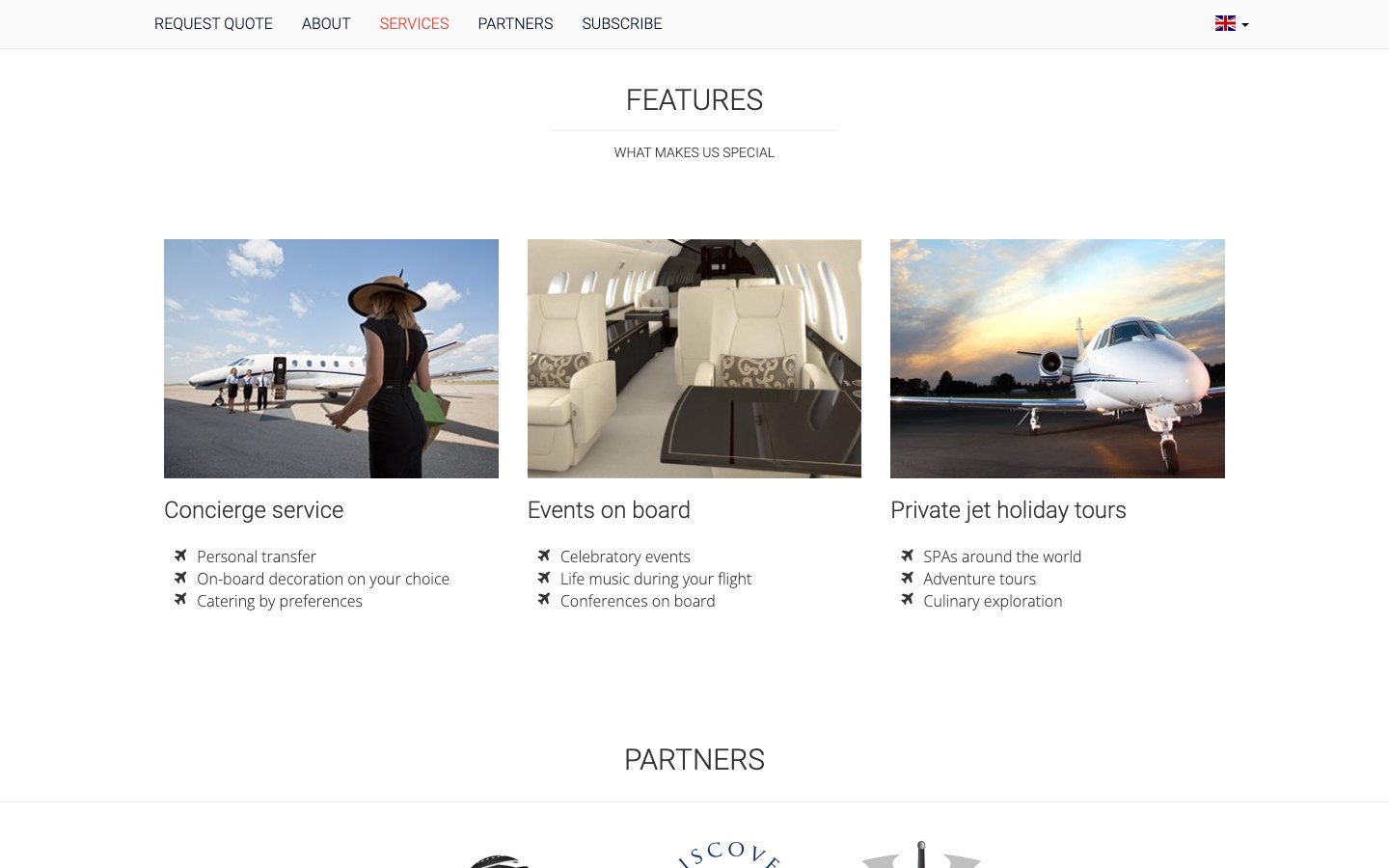 «Features» на chartersluxury.com: консьерж-сервис, события на борту, путешествия на частном самолёте, партнёры
