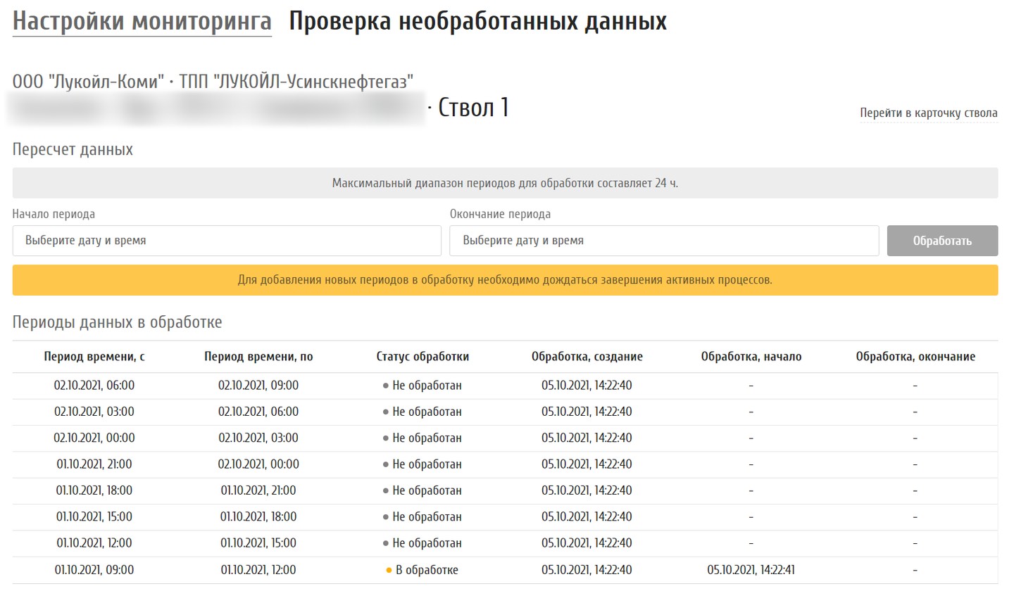 Проверка необработанных данных: выбор периода и таблица отрезков в обработке